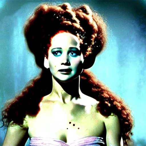 Image similar to jennifer lawrence, technicolor, still from the movie bride of frankenstein