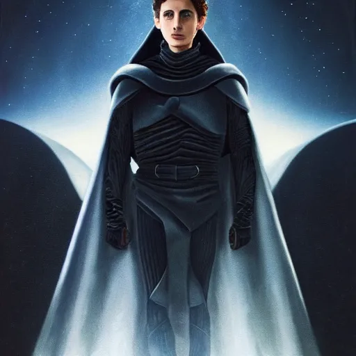 Prompt: realistic paul atreides emperor of the known universe, perfect dramatic and dark portrait by rabbitary b, trending on artstation, deviantart, dune, low angle oil painting and composition laws, dark foggy background, timothee chalamet, denis villeneuve cinematography