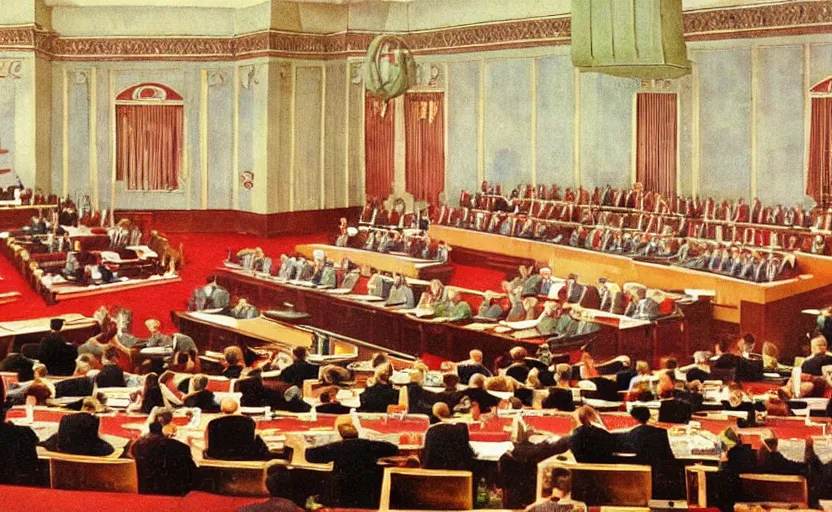 Prompt: 60s soviet fresco of a CCCP congress in a stalinist style parlement with Josip Broz Tito at the tribune, propaganda art , eastmancolor, heavy grainy picture, very detailed, high quality, 4k, HD criterion