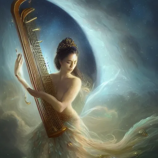 Image similar to a high quality realistic portrait of a very very beautiful! celestial interdimensional goddess playing a mystical harp and springing life into the universe, highly detailed, intricate, sharp focus, fantasy, mystical, dreamlike, cinematic lighting by WLOP and greg rutkowski