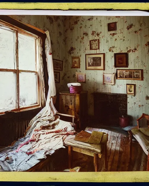 Prompt: the interior of an old cottage in cumberland that is probably haunted, delicate embellishments, painterly, offset printing technique, photographed on kodachrome by brom, robert henri, walter popp
