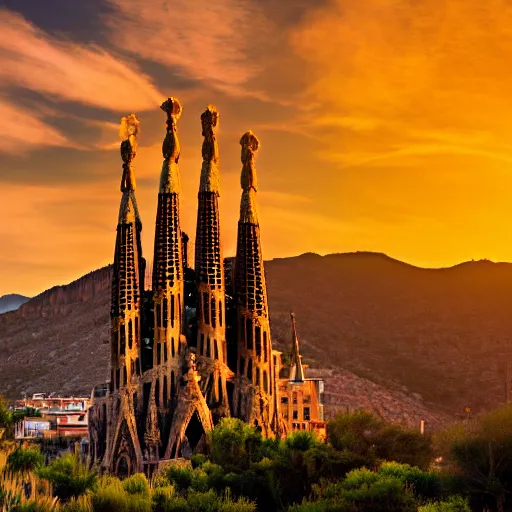 Prompt: time magazine photo, la sagrada familia in a beautiful scenic epic desert, surreal, epic composition, rule of thirds, 4 k wallpaper, golden hour, dramatic lighting,