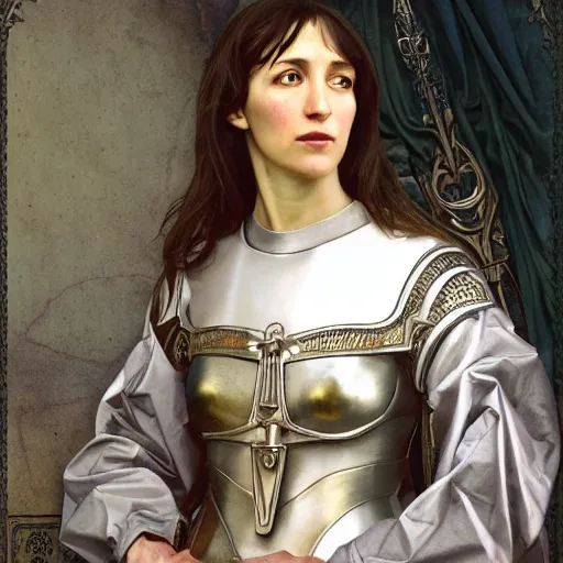 Image similar to portrait of charlotte gainsbourg as joan of arc, hyperreal digital painting, iconography influenced by alphonse mucha and eugene delacroix, arstation and deviantart trends, high resolution 8 k