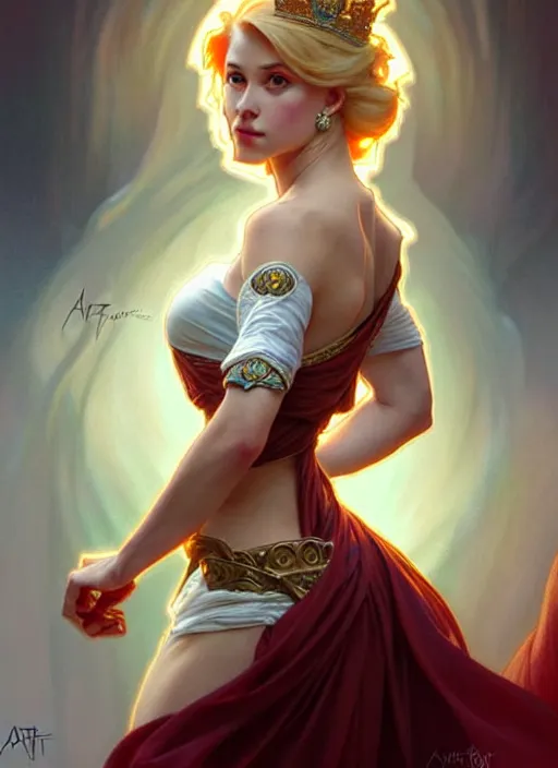 Prompt: rolyatistaylor!!! as queen, incredibly detailed face, pretty face, light dress, true anatomy, art by artgerm and greg rutkowski and alphonse mucha