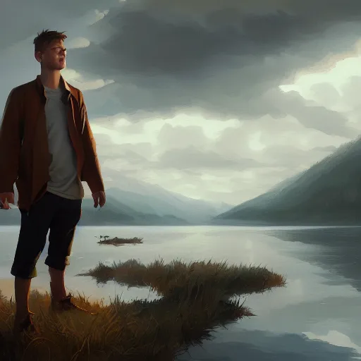 Prompt: phillip j fry portrait, dramatic light, lake background, 2 0 0 mm focal length, painted by stanley lau, painted by greg rutkowski, painted by stanley artgerm, digital art, trending on artstation