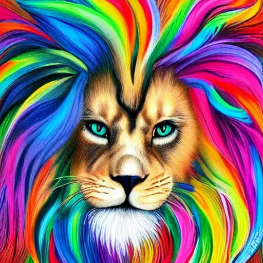 Prompt: portrait of a cute long haired cat with long colorful flowing lion mane with mohawk hairstyle hybrid animal detailed painting 4 k