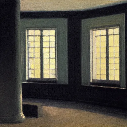 Image similar to Liminal interior seen through an exterior window, in the style of Edward Hopper and Vilhelm Hammershøi and Albert Bierstadt