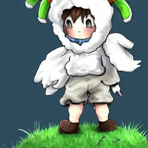 Image similar to little boy wearing sheep suit. white, gray, blue, green and brown pallet color. made in abyss art style, cute detailed artwork