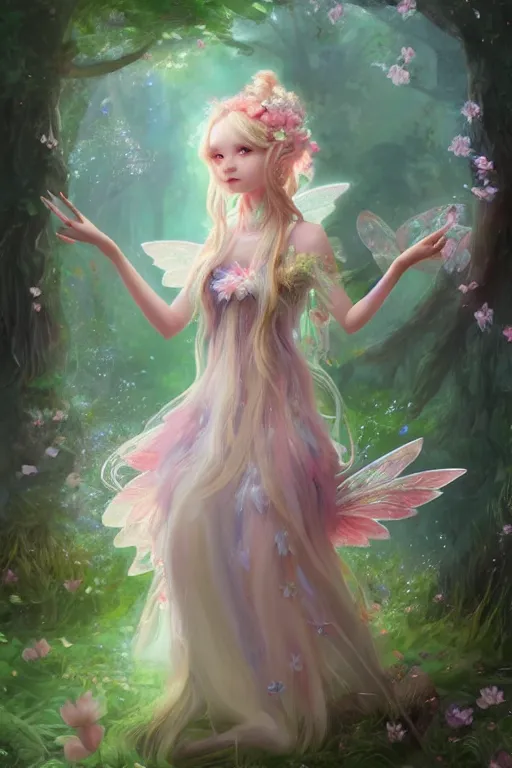 Prompt: a cute and geogerous fairy in the dreamy forest, fantasy, dreamlike, 8 k resolution, hyper detailed, d & d, character design, digital painting, trending on artstation, sharp focus, illustration, art by viktoria gavrilenko, hoang lap, fuji choko, steve zheng,