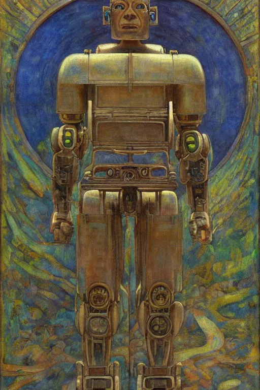 Image similar to the robot in his regalia, by Annie Swynnerton and Diego Rivera and Elihu Vedder, symbolist, dramatic lighting, elaborate geometric ornament, Art Brut, soft blues and greens,smooth, sharp focus, extremely detailed, Adolf Wölfli