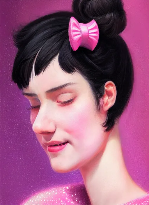 Image similar to portrait of teenage girl, realistic, black hair, bangs, half updo hairstyle, pointy nose, skinny, smile, ugly, defined jawline, big chin, pink hair bow, earrings, intricate, elegant, glowing lights, highly detailed, digital painting, artstation, sharp focus, illustration, art by wlop, mars ravelo and greg rutkowski