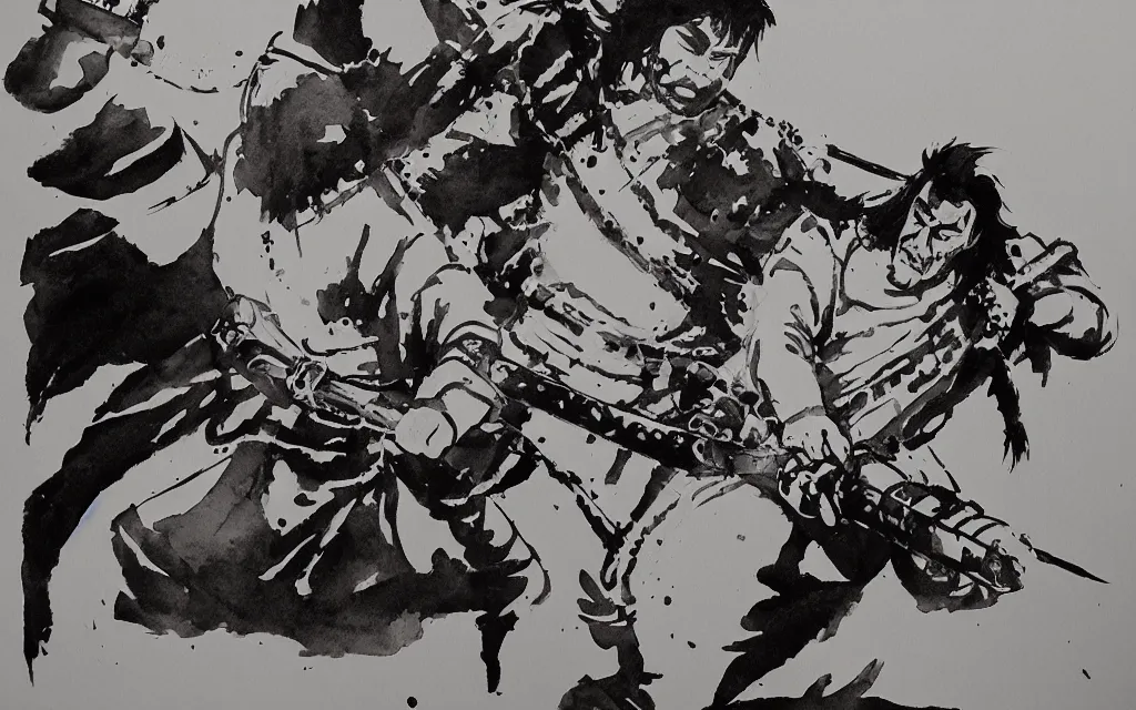 Prompt: samurai wielding a chainsaw, black and white watercolor