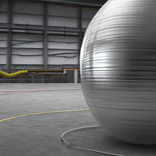 Image similar to big metallic capsule connected to pipelines, purpose is pump, standing in large industrial hall, designed by best engineers, raytracing, reflections