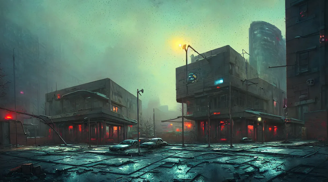 Prompt: post apocalyptic police station, building, avenue, urban americana concrete architecture, paved roads, by thomas kinkade, pascal blanche, greg rutkowski, shaddy safadi, neil blevins trending on artstation, photorealistic, neon ambiance, ultra detailed, high definition, depth of field, bokeh, wild vegetation, blood stains, crumbling, silhouettes