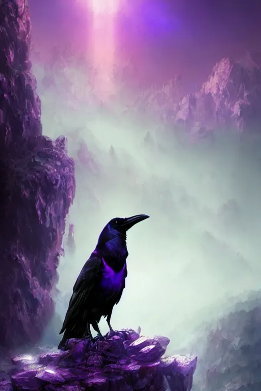 Image similar to portrait of a beautiful one raven perched on purple crystals that are glowing in a misty valley, establishing shot, extremly high detail, foto realistic, cinematic lighting, by yoshitaka amano, ruan jia, kentaro miura, artgerm, post processed, concept art, artstation, raphael lacoste, alex ross