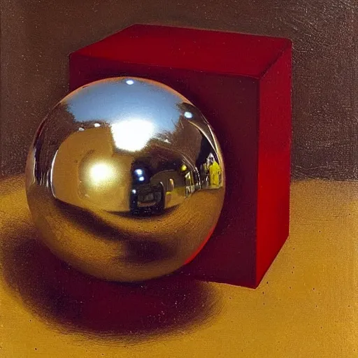 Prompt: chrome spheres on a red cube by ferdinand bol