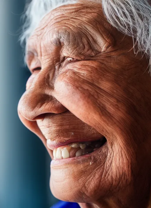 Prompt: old lady smiling remembering her youth, portrait, close up, IMAX, 8k