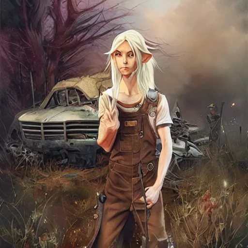 Image similar to a skinny high-fantasy elf with a long narrow face and spiky blonde hair wearing dark brown overalls and holding a bomb next to a destroyed car, painting by Charlie Bowater