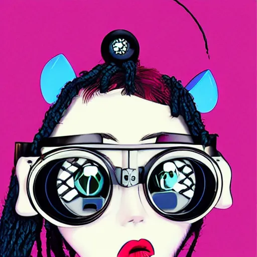 Image similar to eccentric kawaii goth girl with dreads wearing cyber goggles and eclectic jewelry, by jamie hewlett,