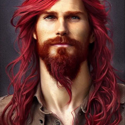 Image similar to portrait of a young ruggedly handsome but joyful pirate, male, masculine, soft hair, upper body, red crimson crimson hair, long long flowing hair, fantasy, wide smirk, intricate, elegant, highly detailed, digital painting, artstation, concept art, matte, sharp focus, illustration, art by artgerm and greg rutkowski and alphonse mucha