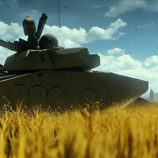 Image similar to a high resolution image from nier : automata, featuring 9 s android fighting an armoured vehicle resembling a russian t 3 4 tank in yellow rye field under pure blue skies