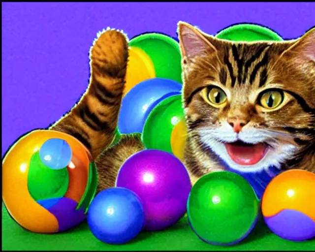 Image similar to catz, 9 0 s computer game by pf magic, cat made of pixel spheres, raster graphics playpen, 2 5 6 colors, windows 3. 1