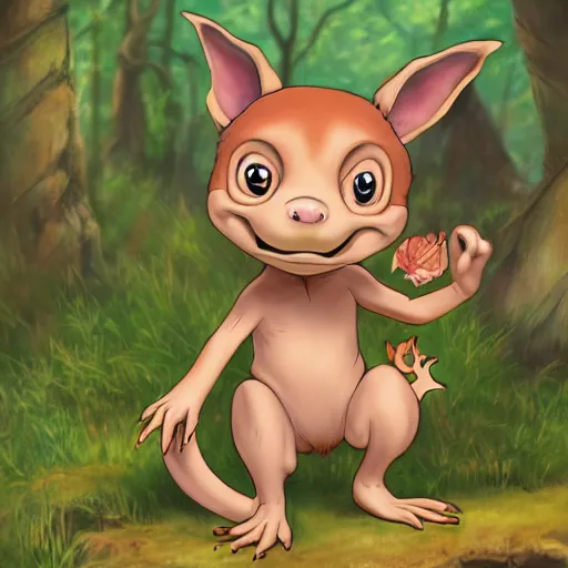 Prompt: beautiful painting of a cute chibi kobold, with rosy cheeks, in a forest. in the style of don bluth, disney, and hans zatzka. color harmony, 8 k detail, gallery quality, hd wallpaper, premium prints available.