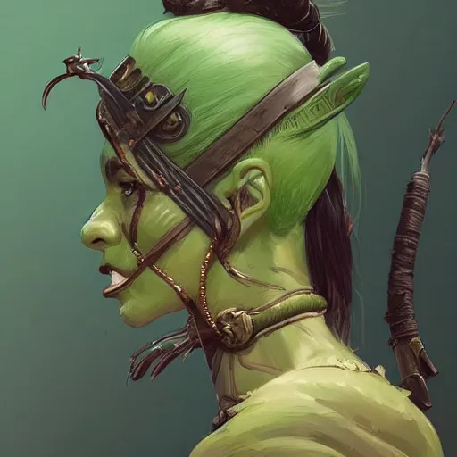 Image similar to a full bodied character portrait of a green orc warrior woman in full plate armor bald with a ponytail, by greg rutkowski, wlop, astri lohne, wei wang, laurie greasley, victo ngai, trending on artstation