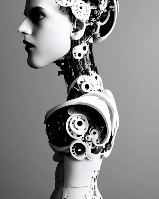 Image similar to black and white dreamy foggy profile face portrait, cyclope biomechanical beautiful young female cyborg - robot bust, body ribs meshes,, volumetric light, hibiscus flowers, by hg giger, rim light, by dora maar and cecile beaton, big gothic fashion pearl embroidered collar, 8 k