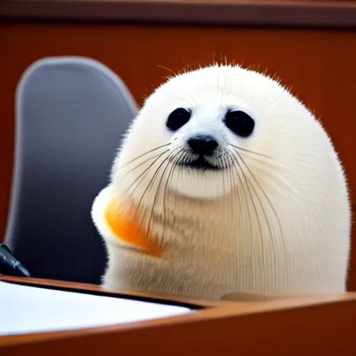 Image similar to a baby harp seal in an orange prisoner jumpsuit at the witness stand, courtroom, news photography