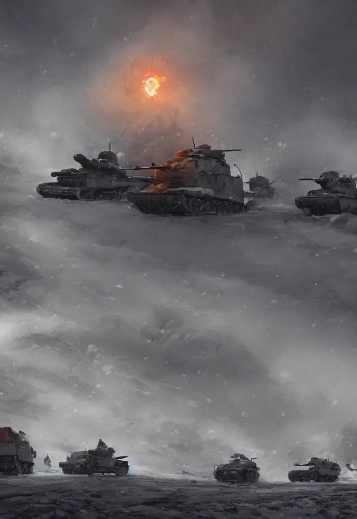 Image similar to handmade illustration of an epic and dramatic World War II war winter scene with german and soviet tanks involved, heavy snow storm, some mist grey smoke and fire, blue sky with dramatic clouds, line art, ink, ol on canvas by Kilian Eng and by Jake Parker, heavy brushstrokes, winning-award masterpiece, fantastic, octane render, 8K HD Resolution, High quality image