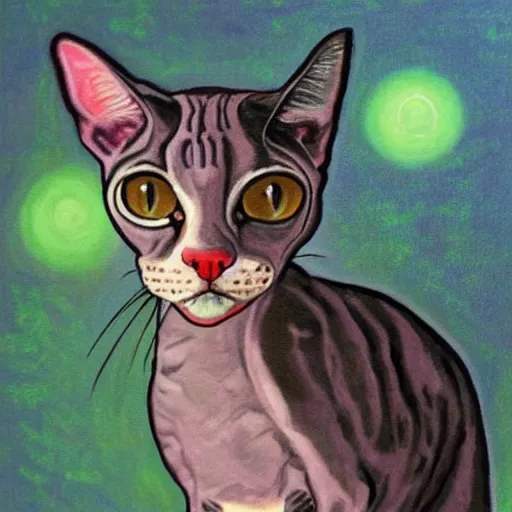 Image similar to painting of a devon rex, cornish rex cat glowing in the moonlight looking curious