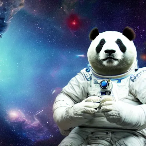 Prompt: photo realistic panda bear astronaut floating in outer space, cinematic