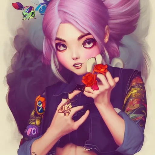 Image similar to Lofi Pokemon original character with wild rose-colored hair, Pixar style, by Tristan Eaton Stanley Artgerm and Tom Bagshaw.