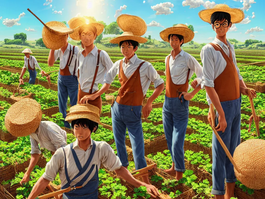 Image similar to mandragora farmers working on the sunny day, wearing a suspenders and straw hats, artgerm, artstation, art by hiroaki samura and jiro matsumoto and yusuke murata, box office hit, movie poster, unreal engine, octane render, sharp focus, high quality, highly detailed 8 k