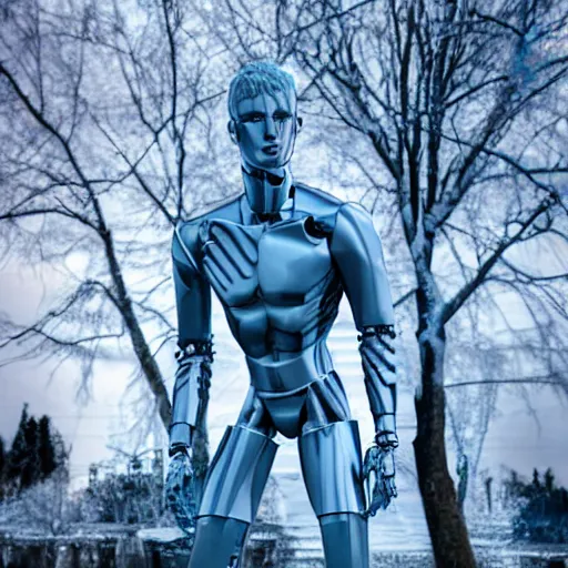 Image similar to made of ice, a realistic detailed photo of a guy who is an attractive humanoid who is half robot and half humanoid, who is a male android, on display, blank stare, showing off his muscles, shiny skin, posing like a statue, by the pool, frozen ice statue, twitch streamer / gamer ludwig, humanoid robot