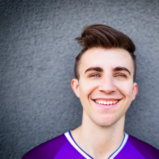 Image similar to photographic portrait of a young white male smiling with short brown hair that sticks up in the front, blue eyes, groomed eyebrows, tapered hairline, sharp jawline, wearing a purple white volleyball jersey, sigma 85mm f/1.4, 35mm, 4k, high resolution, 4k, 8k, hd, full color