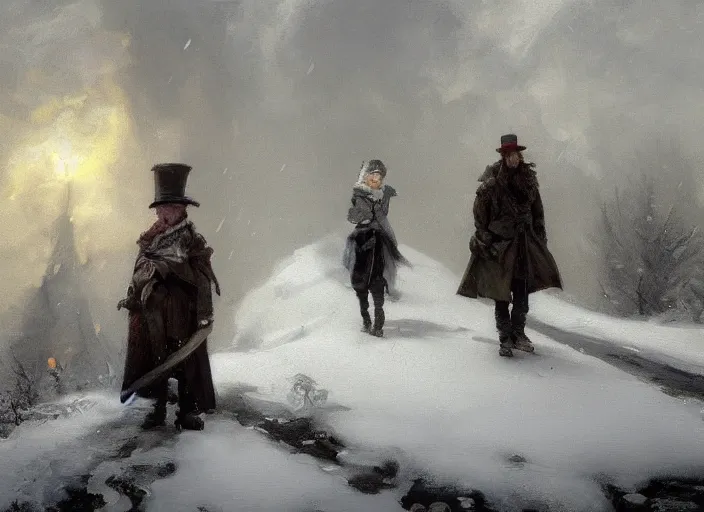 Prompt: oil painting, snow blizzard, nordic gnome with gray clothes, pointy top hat, high detailed art by anders zorn, wonderful masterpiece by greg rutkowski, beautiful cinematic light, american romanticism by greg manchess, creation by tyler edlin