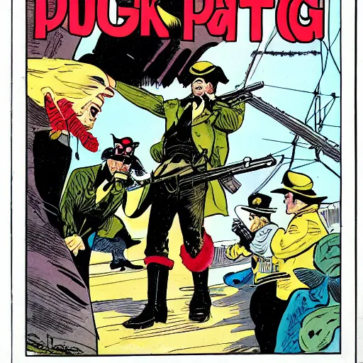 Image similar to hugo pratt comic book of donal duck killing pirates with a gun