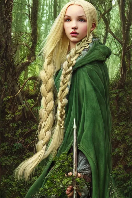 Prompt: mystical cottagecore mage blonde braided hair dove cameron the forest, heavy cloak, green leather accents, cloth jerkin, green plants, fantasy character portrait, ultra realistic, intricate, elegant, highly detailed, digital painting, artstaion, smooth, sharp, focus, illustration, art by artgerm and greg rutkowski and alphonse mucha