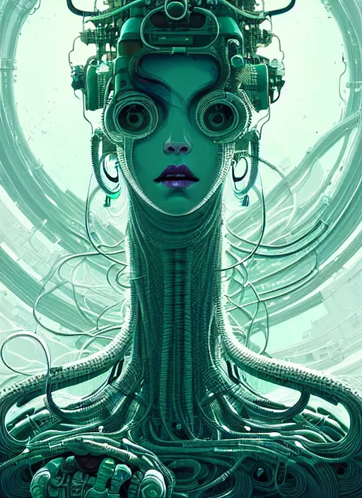 Image similar to highly detailed portrait of a biopunk long curly white hair tribal lady, stray wiring by atey ghailan, james gilleard, by joe fenton, by greg rutkowski, by greg tocchini, by kaethe butcher, 4 k resolution, gradient green, black and white color scheme!!! ( ( irradiated robotic cavern background ) )