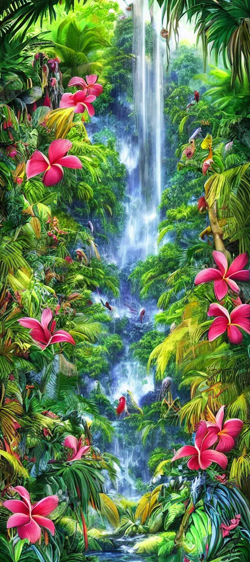 Image similar to cascading concept art of an exotic garden with waterfall pools, macaw parrots, flowers and palm trees, plumeria, detailed, highly detailed, aesthetic, realistic, hyper realism, colorful, in depth, intricate,