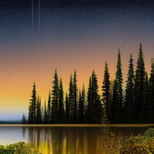 Prompt: lake, trees, night, glowworms, concept art,