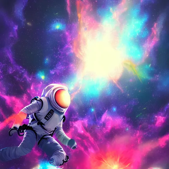 Image similar to scary astronaut in a nebula explosion, pastel, anime, colorful, crowded, horror, artstation, digital art.