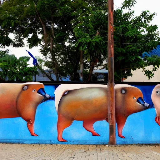 Image similar to digital street art a bunch of capybaras in the community pool