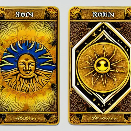 Prompt: sun and moon tarot card, extremely detailed, golden ornament, stunning, realistic