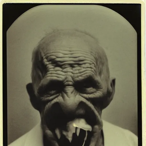 Image similar to a realistic polaroid photo of an old man after a failed experiment inside a laboratory, the head of the old man is deformed and dark, evil god, smoke, fire, demon, cosmic horror