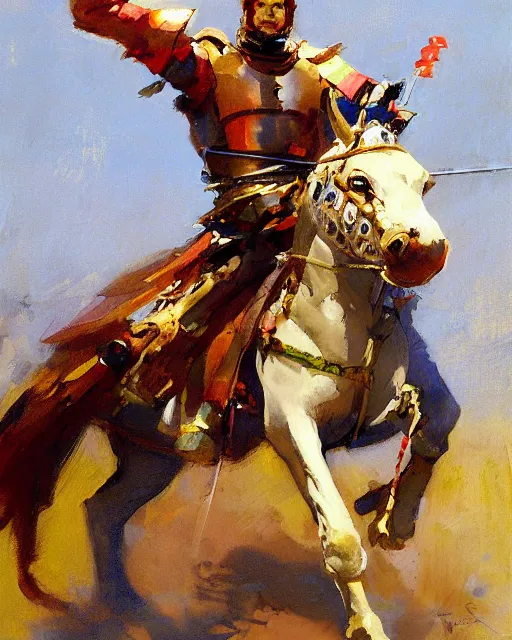 Image similar to close - up portrait of colorful rider pointing jousting lance at camera, caparisons, galloping, chainmail, by greg manchess, bernie fuchs, ruan jia, walter everett