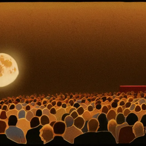 Prompt: the moon with glasses speaking at a giant crowd in an old lecture hall while an atombomb detonates in the background, photorealistic