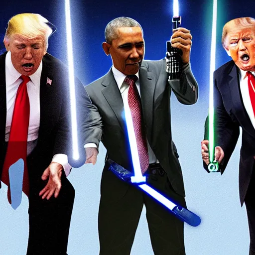 Image similar to putin, trump, obama and bush having a lightsaber battle